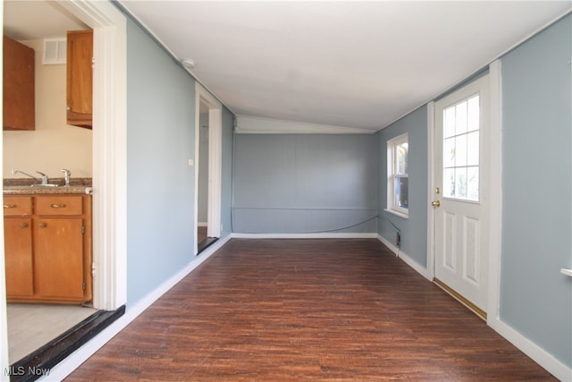 interior space with sink, vaulted ceiling, and dark hardwood / wood-style floors