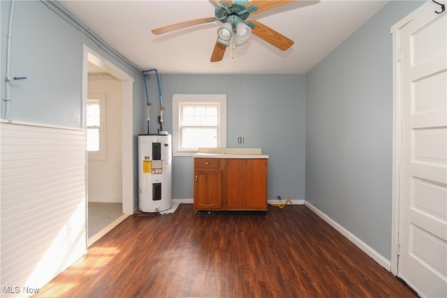 interior space featuring dark wood-type flooring, electric water heater, and ceiling fan