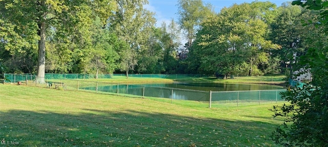 view of home's community featuring a water view and a lawn