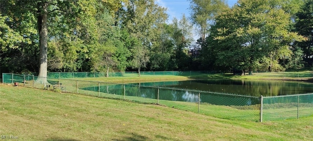 view of community with a yard and a water view