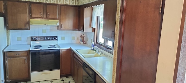 kitchen with sink, dishwasher, white range, plenty of natural light, and decorative backsplash