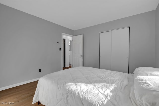 bedroom with hardwood / wood-style flooring and a closet