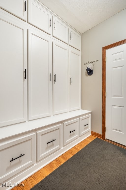 mudroom featuring a textured ceiling and light hardwood / wood-style flooring