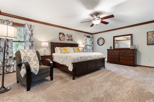 bedroom featuring ceiling fan, ornamental molding, and light carpet