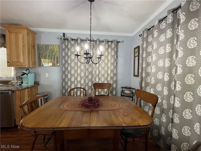 dining space featuring an inviting chandelier, ornamental molding, and dark wood-type flooring