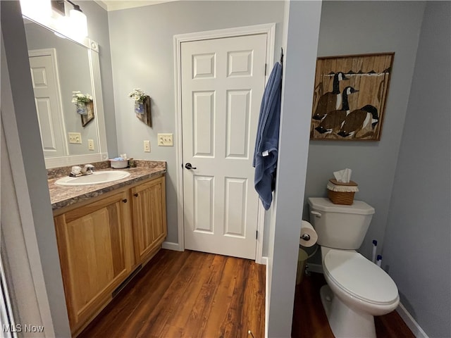 bathroom featuring vanity, hardwood / wood-style flooring, and toilet