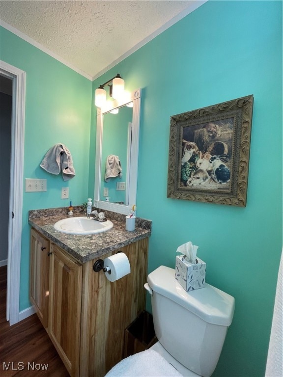 bathroom with vanity, toilet, a textured ceiling, and wood-type flooring