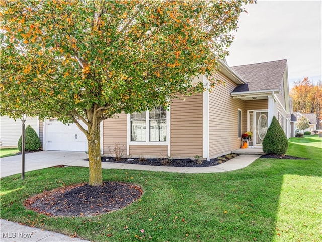 view of property hidden behind natural elements with a front yard and a garage