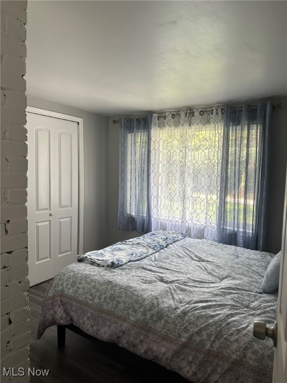 bedroom featuring a closet, multiple windows, and hardwood / wood-style floors