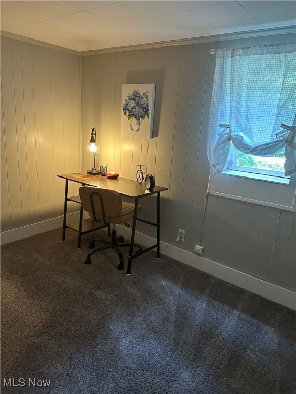 carpeted office featuring crown molding and wooden walls