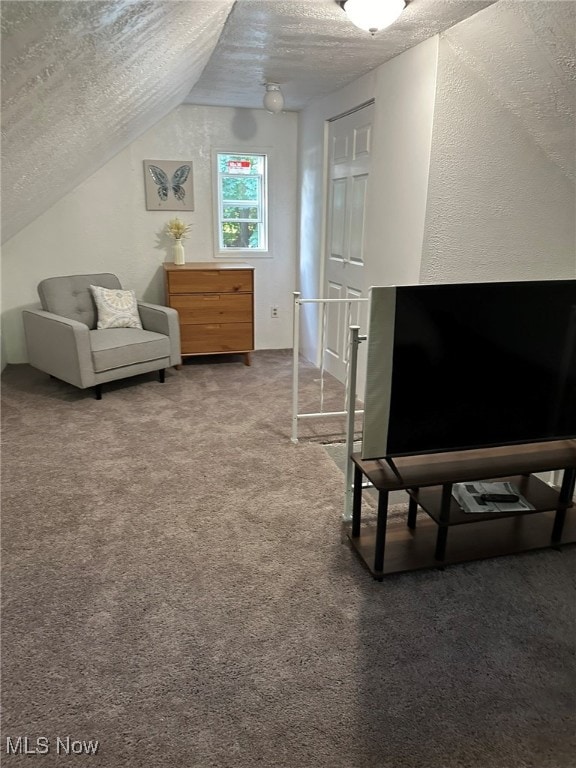 sitting room featuring carpet flooring, a textured ceiling, and lofted ceiling