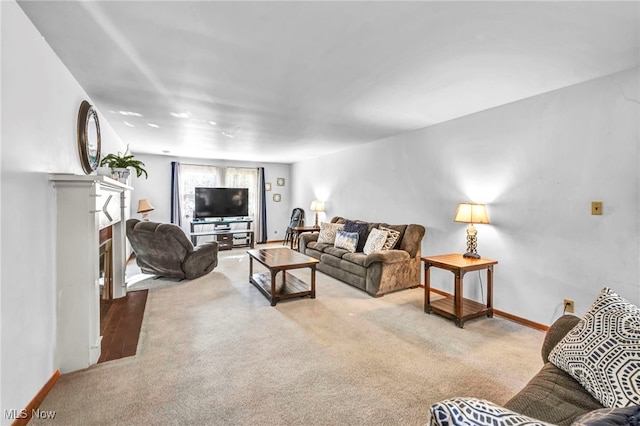 living room with light colored carpet