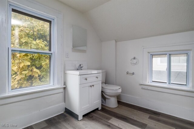 bathroom featuring vanity, vaulted ceiling, wood-type flooring, and toilet