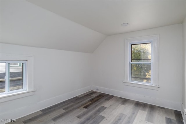 additional living space featuring lofted ceiling, hardwood / wood-style flooring, and a healthy amount of sunlight