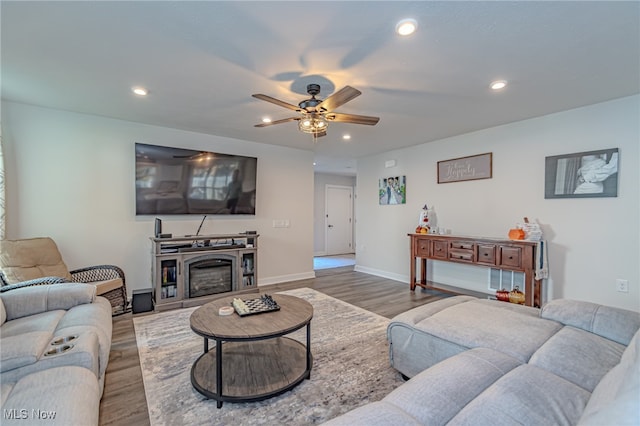 living room with ceiling fan and wood-type flooring