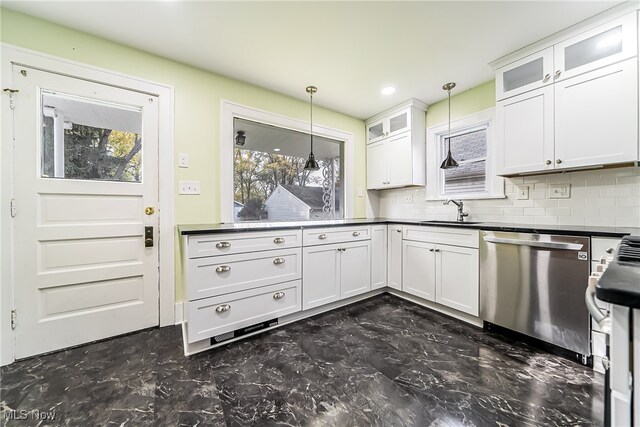 kitchen featuring white cabinetry, hanging light fixtures, and dishwasher