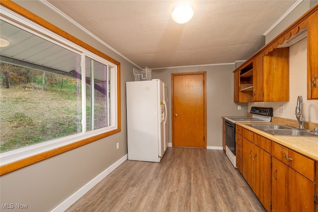 kitchen with a textured ceiling, light hardwood / wood-style flooring, ornamental molding, sink, and white appliances