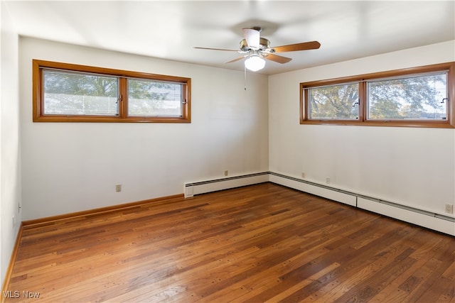 empty room with hardwood / wood-style flooring, a baseboard radiator, and ceiling fan