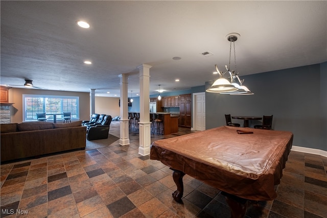 playroom featuring pool table, ornate columns, and ceiling fan