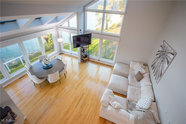 living room with a water view, wood-type flooring, and a wealth of natural light