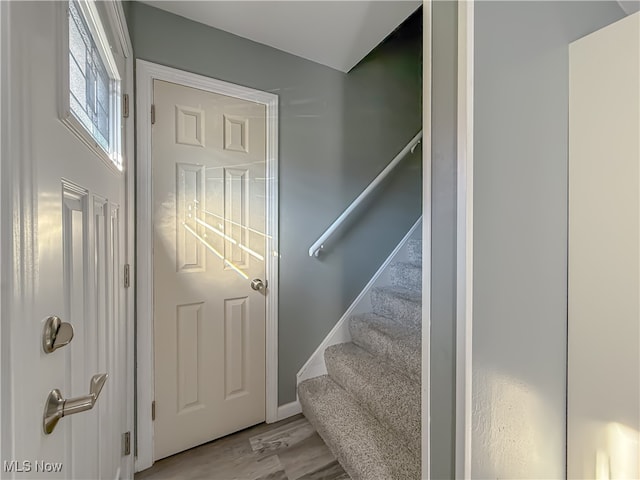 stairs with hardwood / wood-style floors