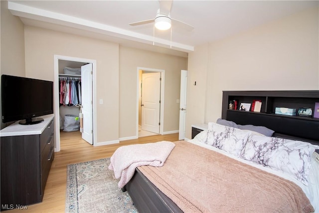 bedroom featuring a spacious closet, a closet, ceiling fan, and light hardwood / wood-style floors