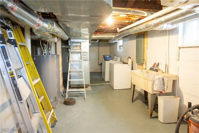 basement featuring electric panel, separate washer and dryer, and water heater