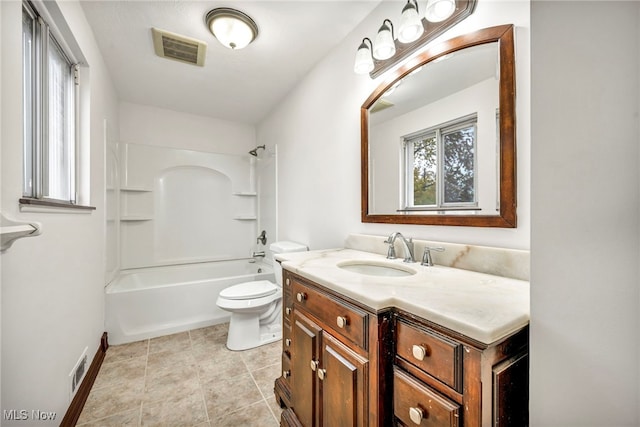 full bathroom with vanity, shower / washtub combination, toilet, and tile patterned flooring