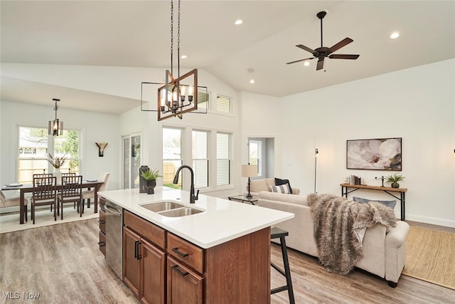 kitchen featuring a kitchen island with sink, light wood-type flooring, sink, and stainless steel dishwasher