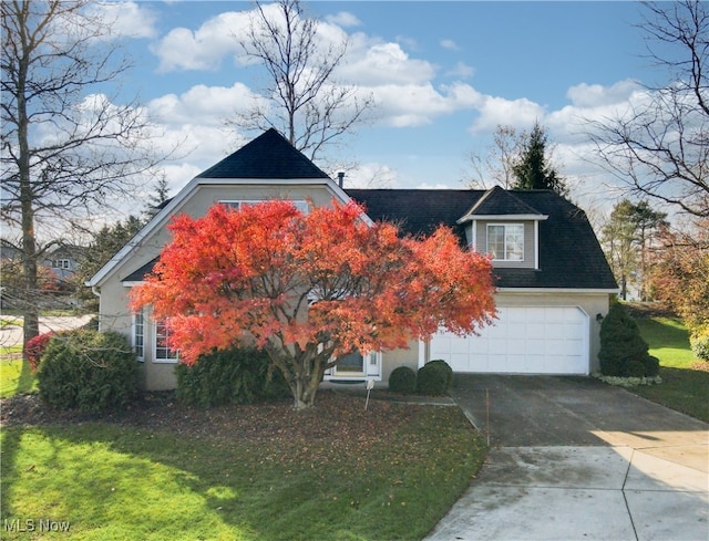 view of property hidden behind natural elements featuring a front lawn and a garage