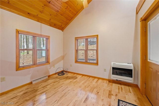 33352 Teegarden Rd Unit 787, Lisbon, OH 44432 - unfurnished room featuring heating unit, a baseboard radiator, vaulted ceiling, hardwood / wood-style floors, and wood ceiling