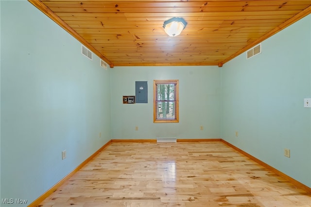 spare room featuring electric panel, light wood-type flooring, and wooden ceiling