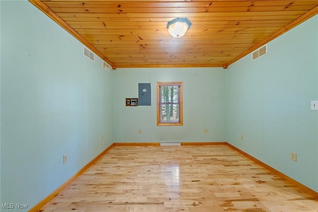 33352 Teegarden Rd Unit 787, Lisbon, OH 44432 - empty room with electric panel, wooden ceiling, ornamental molding, and light wood-type flooring