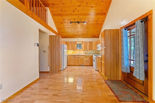 33352 Teegarden Rd Unit 787, Lisbon, OH 44432 - kitchen with white appliances, wood ceiling, light wood-type flooring, light countertops, and high vaulted ceiling