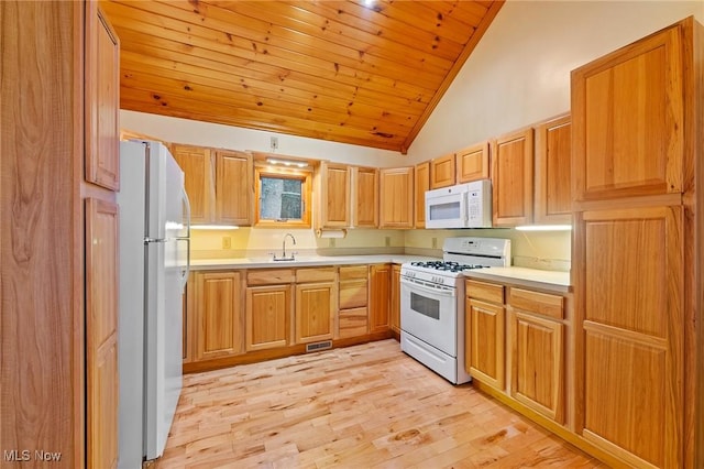 33352 Teegarden Rd Unit 787, Lisbon, OH 44432 - kitchen featuring white appliances, vaulted ceiling, light countertops, light wood-style flooring, and wood ceiling