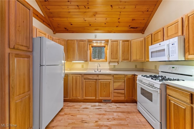 kitchen featuring lofted ceiling, light hardwood / wood-style flooring, wood ceiling, and white appliances