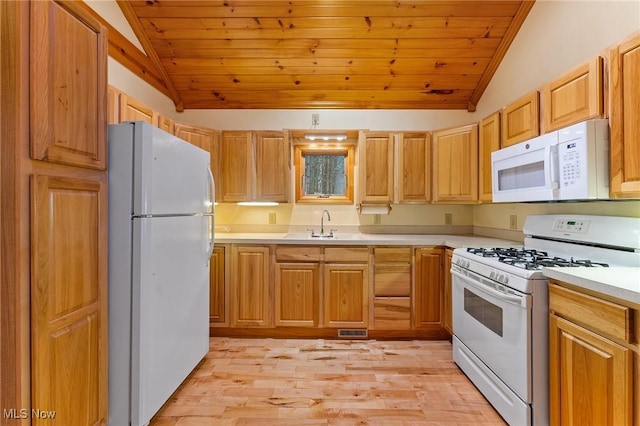 33352 Teegarden Rd Unit 787, Lisbon, OH 44432 - kitchen with white appliances, lofted ceiling, wooden ceiling, light countertops, and light wood-style flooring