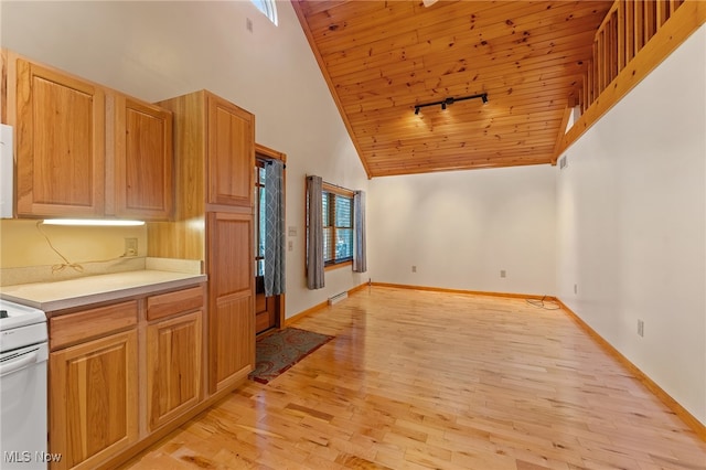 kitchen with white stove, light wood-type flooring, high vaulted ceiling, and wooden ceiling