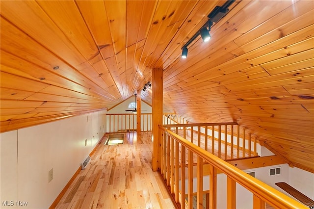 33352 Teegarden Rd Unit 787, Lisbon, OH 44432 - hallway with wooden ceiling, lofted ceiling, light wood-style flooring, an upstairs landing, and rail lighting