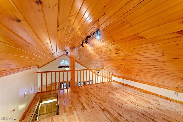 bonus room with vaulted ceiling, light hardwood / wood-style floors, wooden ceiling, and ceiling fan