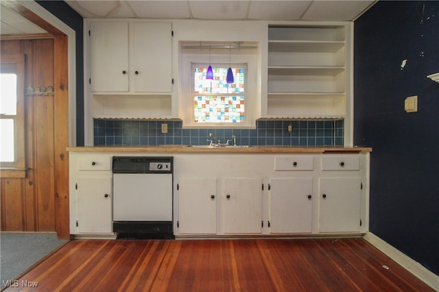 kitchen featuring white cabinetry, tasteful backsplash, white dishwasher, and dark hardwood / wood-style floors