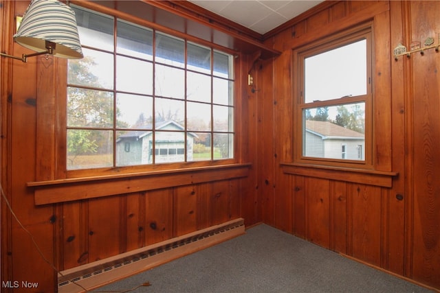 carpeted empty room with wood walls and a baseboard heating unit