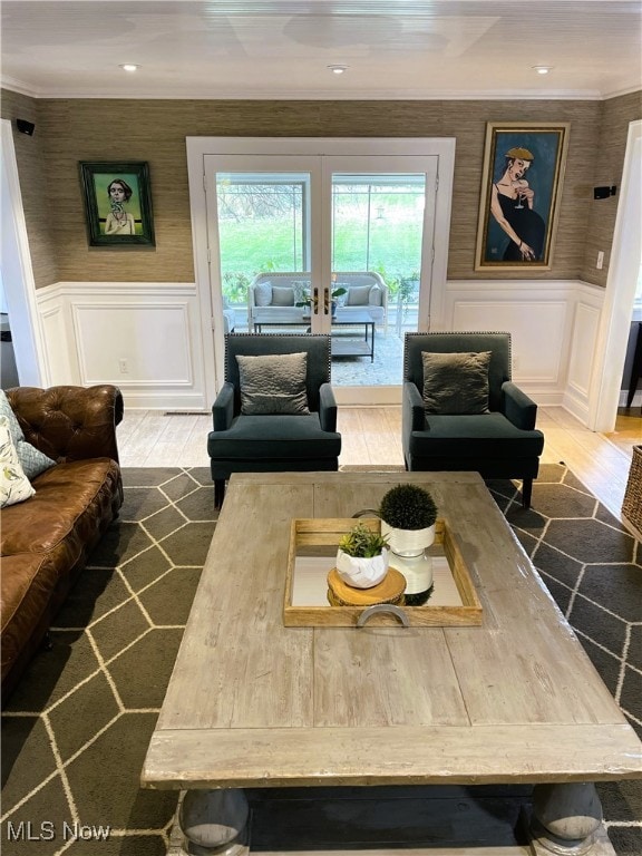 living room featuring french doors and dark wood-type flooring