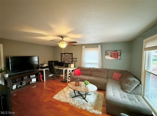 living room featuring a wealth of natural light, a textured ceiling, wood-type flooring, and ceiling fan