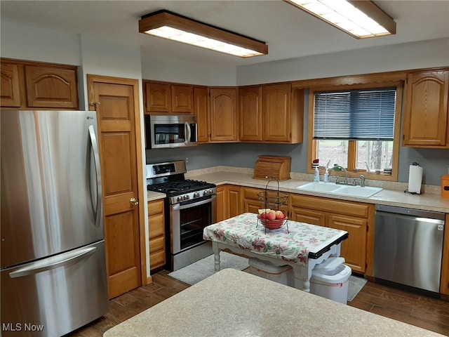 kitchen featuring stainless steel appliances, sink, and dark hardwood / wood-style floors