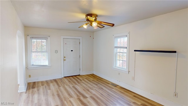 entrance foyer with light wood-type flooring and ceiling fan