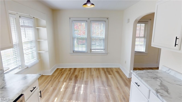 unfurnished dining area featuring light wood-type flooring and a healthy amount of sunlight