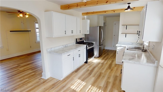 kitchen featuring appliances with stainless steel finishes, sink, light hardwood / wood-style floors, white cabinets, and beam ceiling