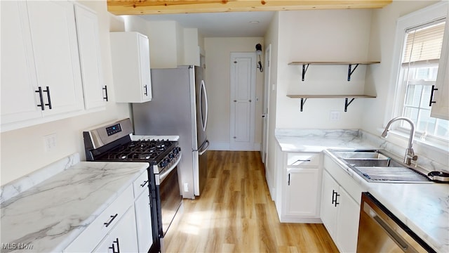 kitchen with sink, white cabinets, light hardwood / wood-style flooring, and stainless steel appliances