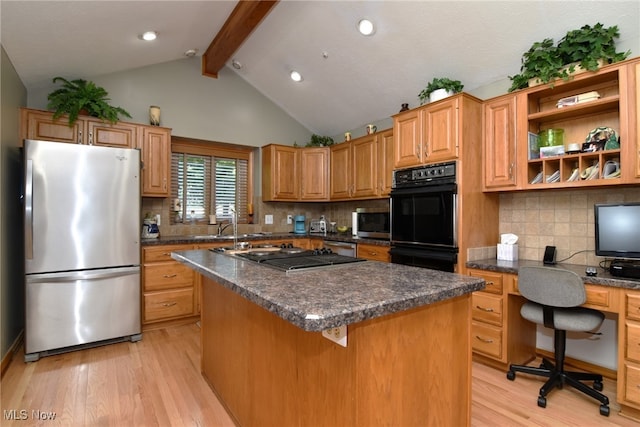 kitchen featuring tasteful backsplash, appliances with stainless steel finishes, vaulted ceiling with beams, light hardwood / wood-style floors, and a center island